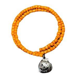 New Handmade Silver Pumpkin Orange Carnelian Bead Halloween Wrap Charm Bracelet